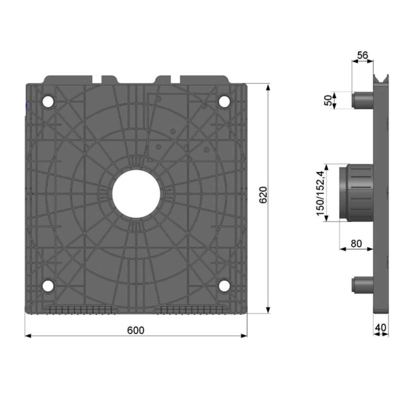 FL04-152 — Plastic Roll Flange 620×600 mm with 6" Plug