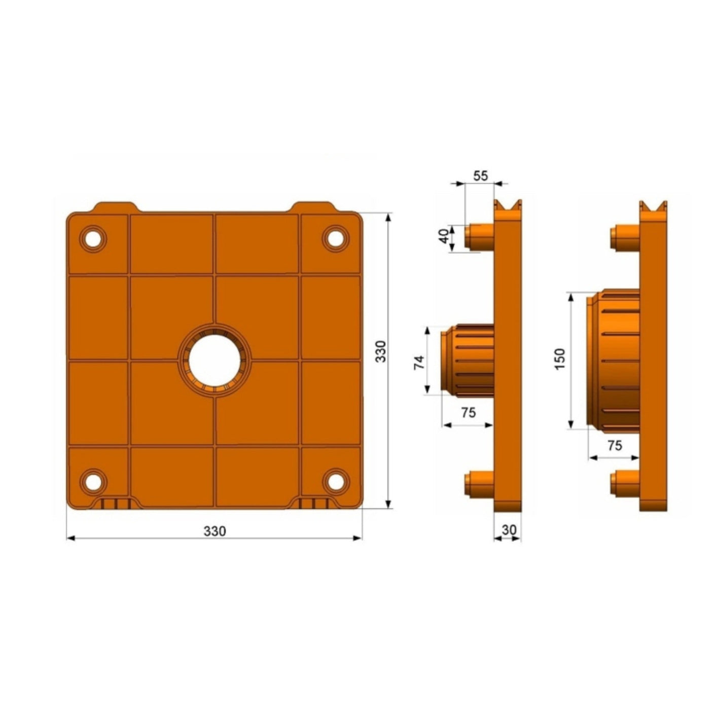 FL01-152 — Plastic Roll Flange 330×330 mm with 6" Plug