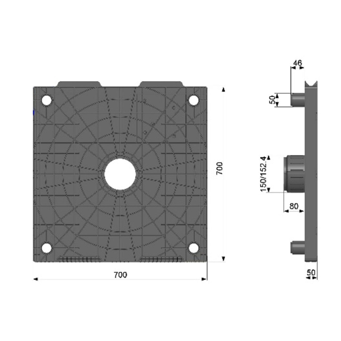 FL05-152 — Plastic Roll Flange 700×700 mm with 6" Plug